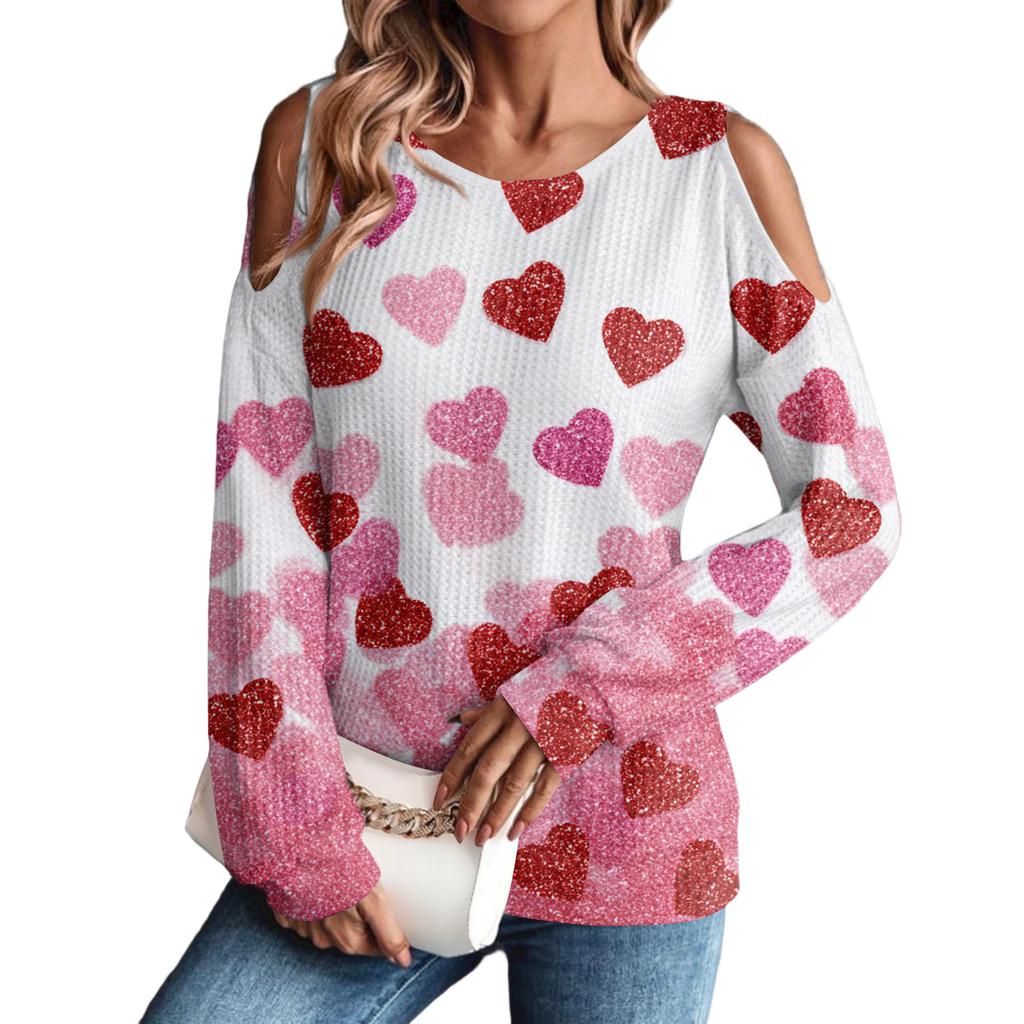 Women's Winter Oversized T-Shirt Fashionable Off-the-Shoulder Round Neck Vintage Floral Print Pullover Long-Sleeved Top