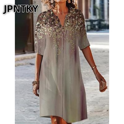 JPNTKY Moda Verano Primavera Mangas 1/2 Cuello en V Vestidos Casuales