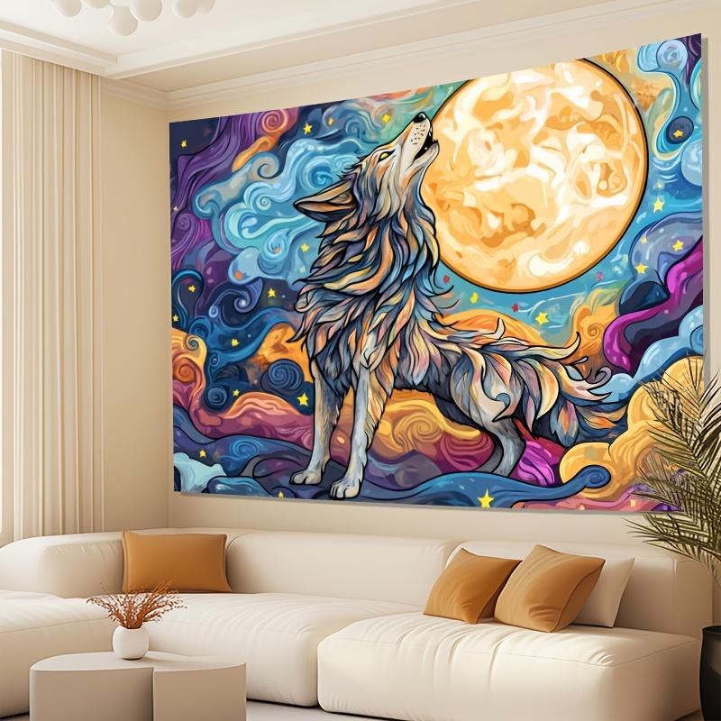 

1pc Vibrant Wolf Howling at Moon Tapestry Cartoon Illustration Style Polyester No Power Needed Perfect for Festive Parties 74x94cm(29x37in)