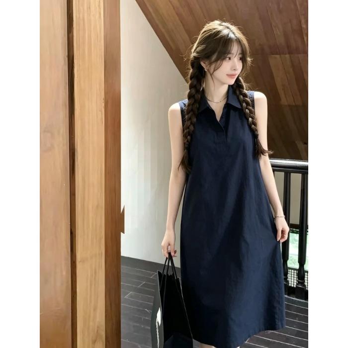 2026 simple lapel sleeveless dress women's summer loose and thin temperament commuter style solid color straight medium and long dress women