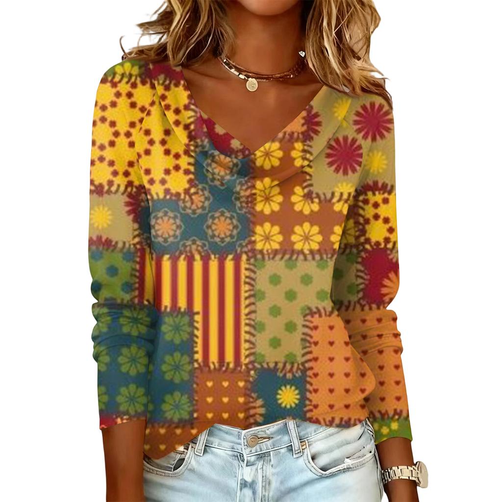 Ladies' Plaid Printed Casual and Fashionable Long Sleeved Pullover Top