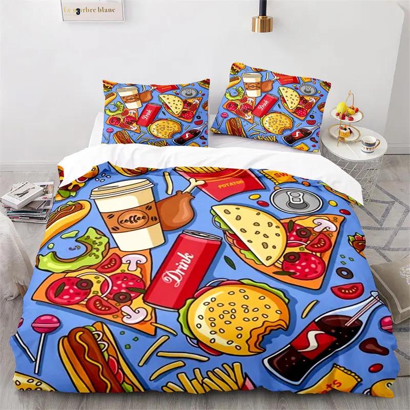 Kreativer Fast Food Bettbezug Pizza Hamburger Druck Bettdeckenbezug Mikrofaser Bettwäscheset King Queen für Kinder Teenagerzimmer Deko