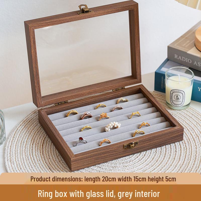 High-End Walnut Wood Grain Flip-Top Jewelry Box – Dustproof, Anti-Oxidation Ring Display