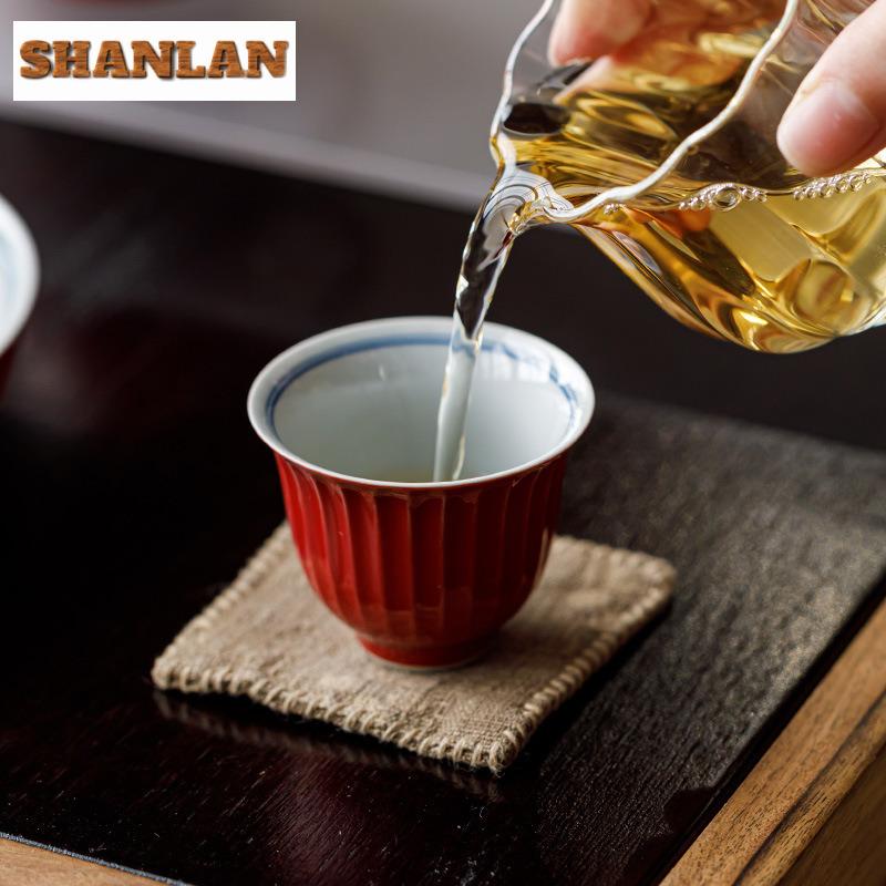 2 Stück/Los Rote Glasur Handbemalt Doppellinien-Teetasse Zen-Teeschale Kanne Teeverkostung Duftbecher Chazhan Meistertassen Teegeschirr 50ml