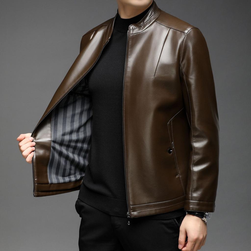 Autumn and Winter New Men's Leather Jacket Leather Jacket Business Casual Stand-up Collar Fleece Thickened Windproof Youth Leather Jacket
