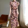 Women's Summer Semi-turtleneck Dress Short-sleeved Temperament Printed Full-length Dress