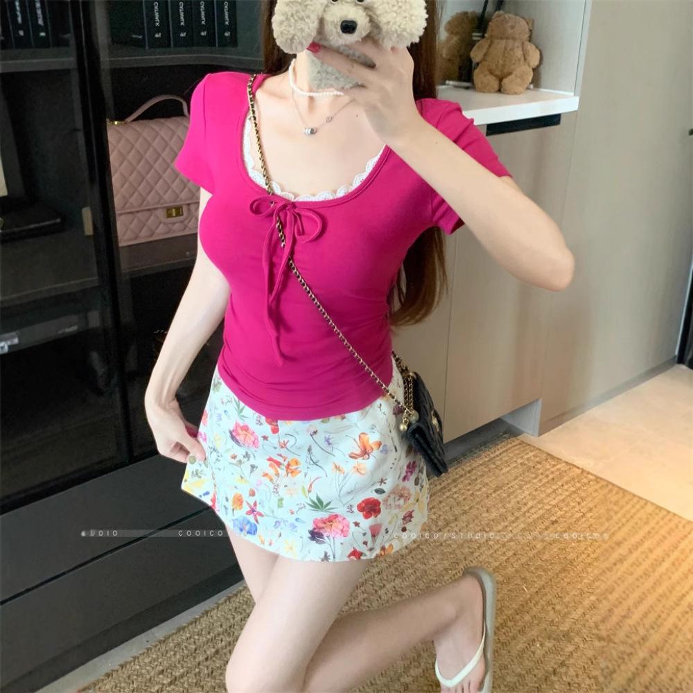 Pure Desire Wind Rose Red U-neck Short-sleeved Front Shoulder T-shirt Women's Summer Bow Lace Sweet Hottie Short Top