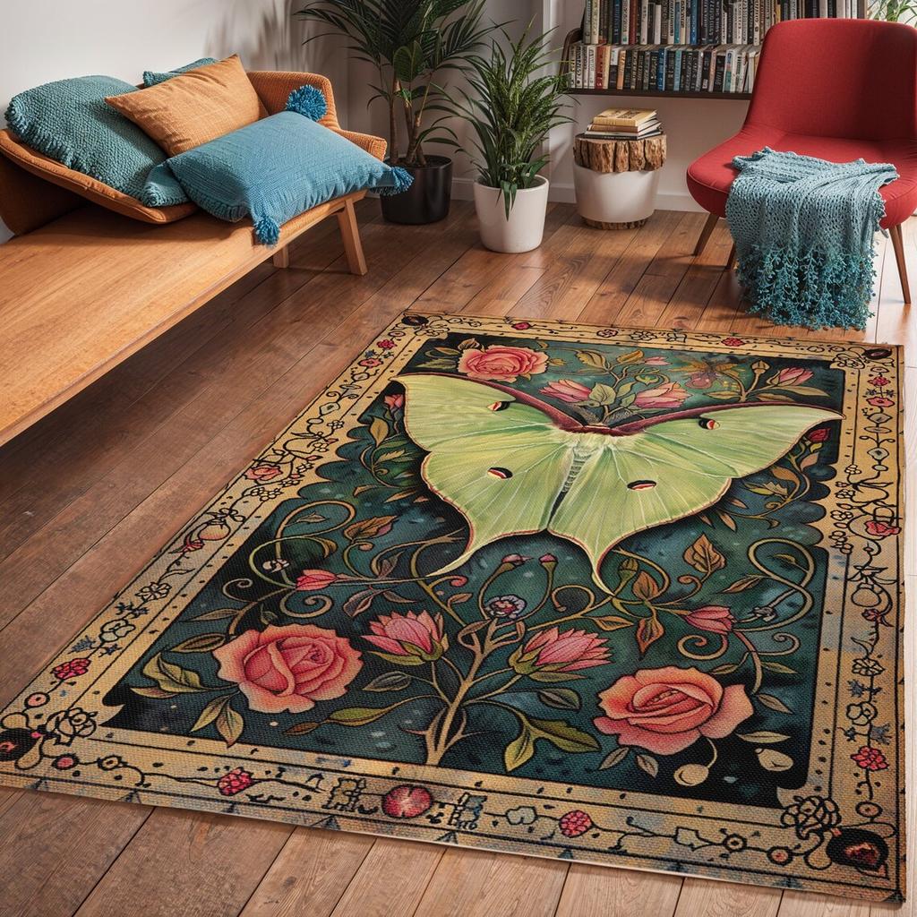 Green Luna Moth Area Rug Cottagecore Floral Art Deco Carpet for Home Living Room Decoration Lounge Bedside Floor Decorative Mat
