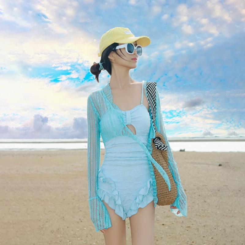 

Pure Desire High-end Long-sleeved Blouse Conservative Slimming Covering Belly One-piece Slim Small Chest Gathered To Soak In Hot Swimwear S синий