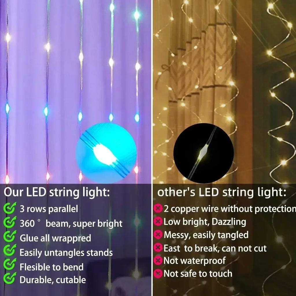 RGBIC Curtain Light String USB Plug Remote Control LED Curtain Light APP Bluetooth Control String Lights for Room Decorations