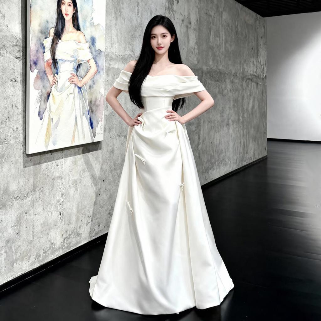 Celebrity Banquet Evening Dress French Haute Couture Shoulder Birthday Dress Satin Simple Engagement Dress Wedding Dress