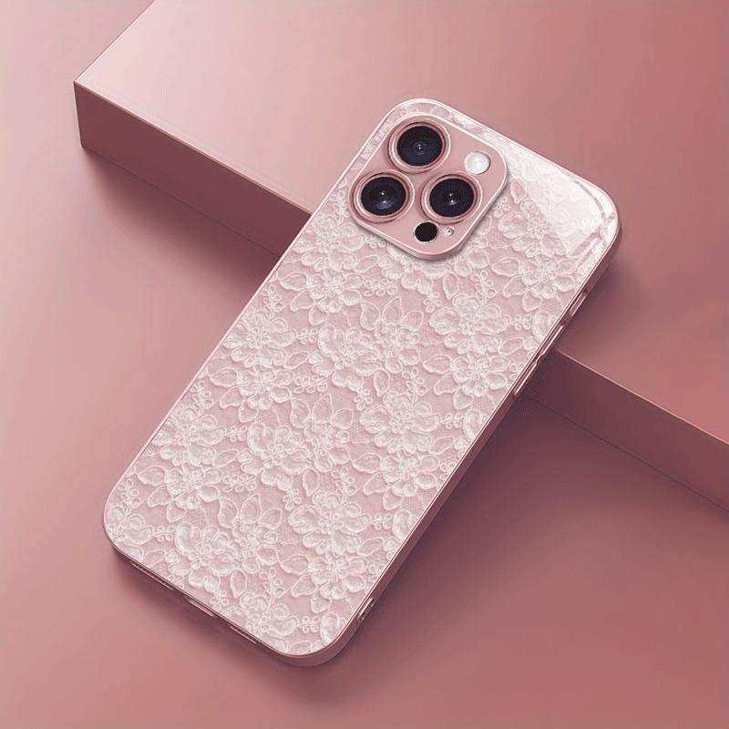 Pink Lace Pattern Pink Metallic Paint Tempered Glass Phone Case For iPhone 11 12 13 14 15 16 17 Pro Max Plus 16E 17Air Cover