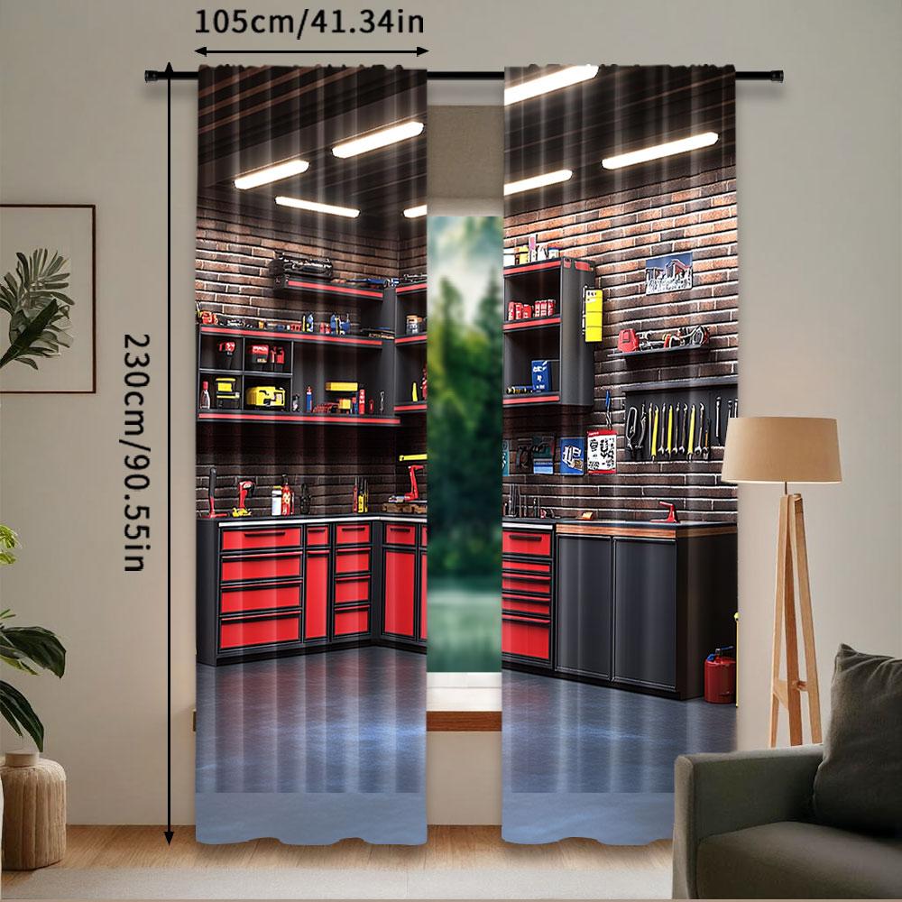 2 Stück Moderne Garagenvorhang Innenraum Reparaturwerkzeuge Werkzeugkasten Werkzeuge Regal Vorhang für Mechaniker Thema Party Dekorationen