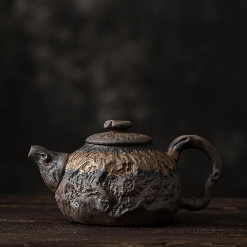 Japanese Gilding Iron Glaze Dry Handle Pot Ancient Morning Burning Handmade Pottery Teapot Small Size Tea Maker Tea Kettle