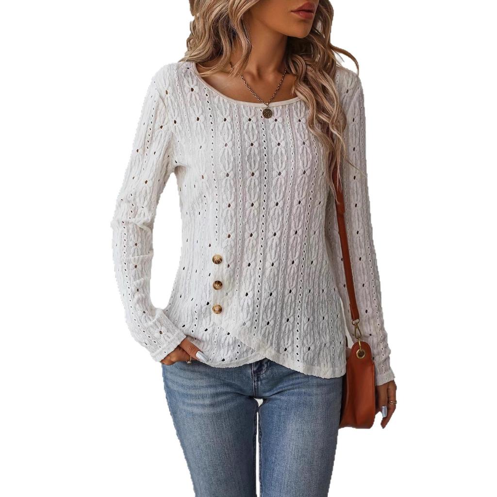 A New Spring Long-sleeved Knitted Solid Color Jacquard Button Top for Fashionable Women