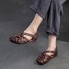 2026 Summer New Woven Mules Women Genuine Leather Low Block Heel Roman Style Sandals With Hook And Loop Closure