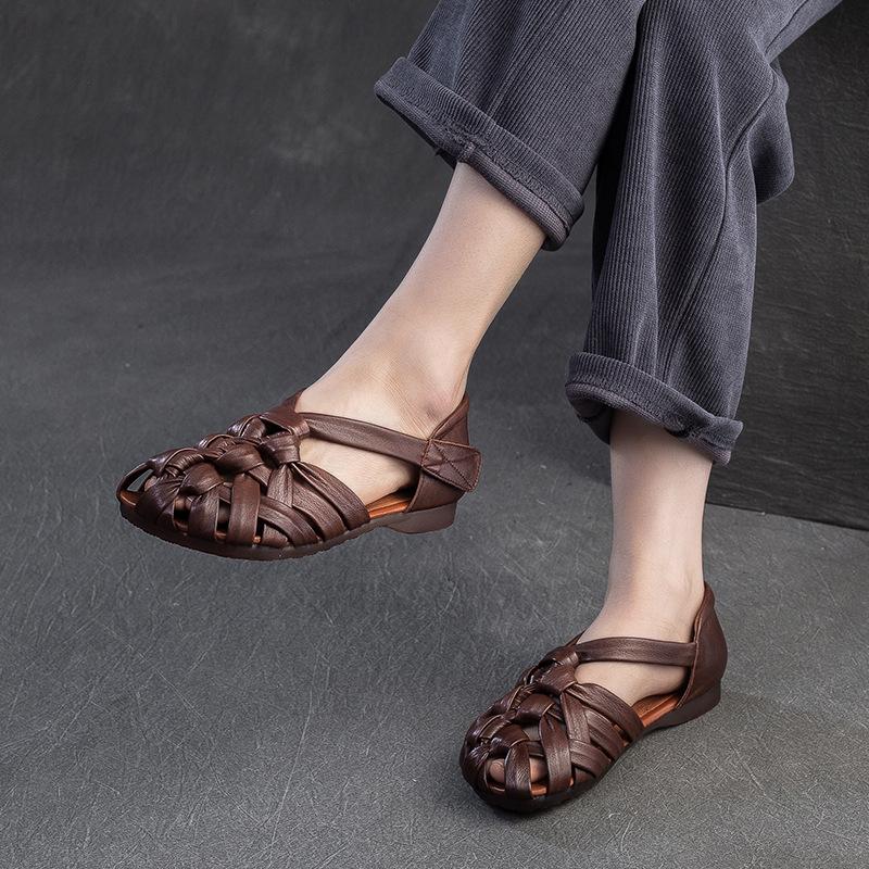 2026 Summer New Woven Mules Women Genuine Leather Low Block Heel Roman Style Sandals With Hook And Loop Closure