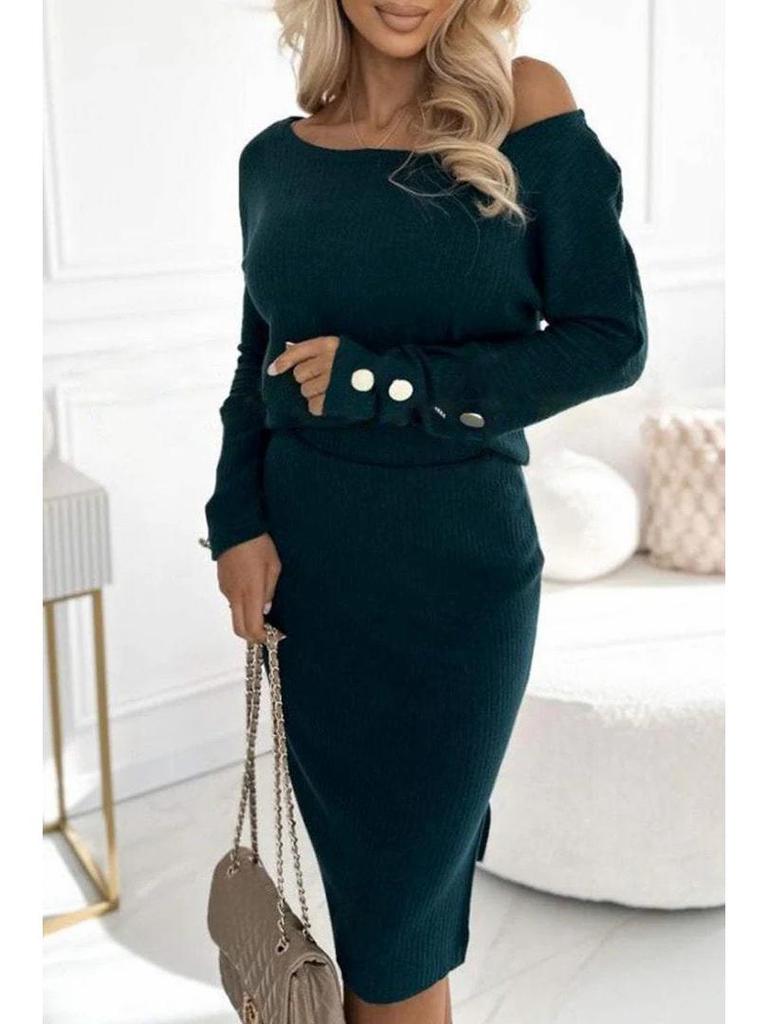 2024 Podzim/Zima Evropský a Americký Styl Žebrovaný Úplet Knoflíkový Top a Sukně Set