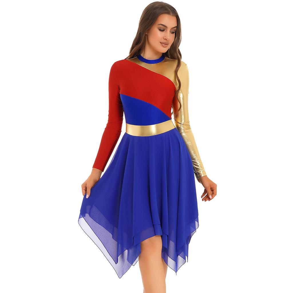 Dámský lyrický taneční outfit Dlouhý rukáv Color Block Patchworkové šaty Nepravidelný lem Kalhoty se širokými nohavicemi Vystoupení set