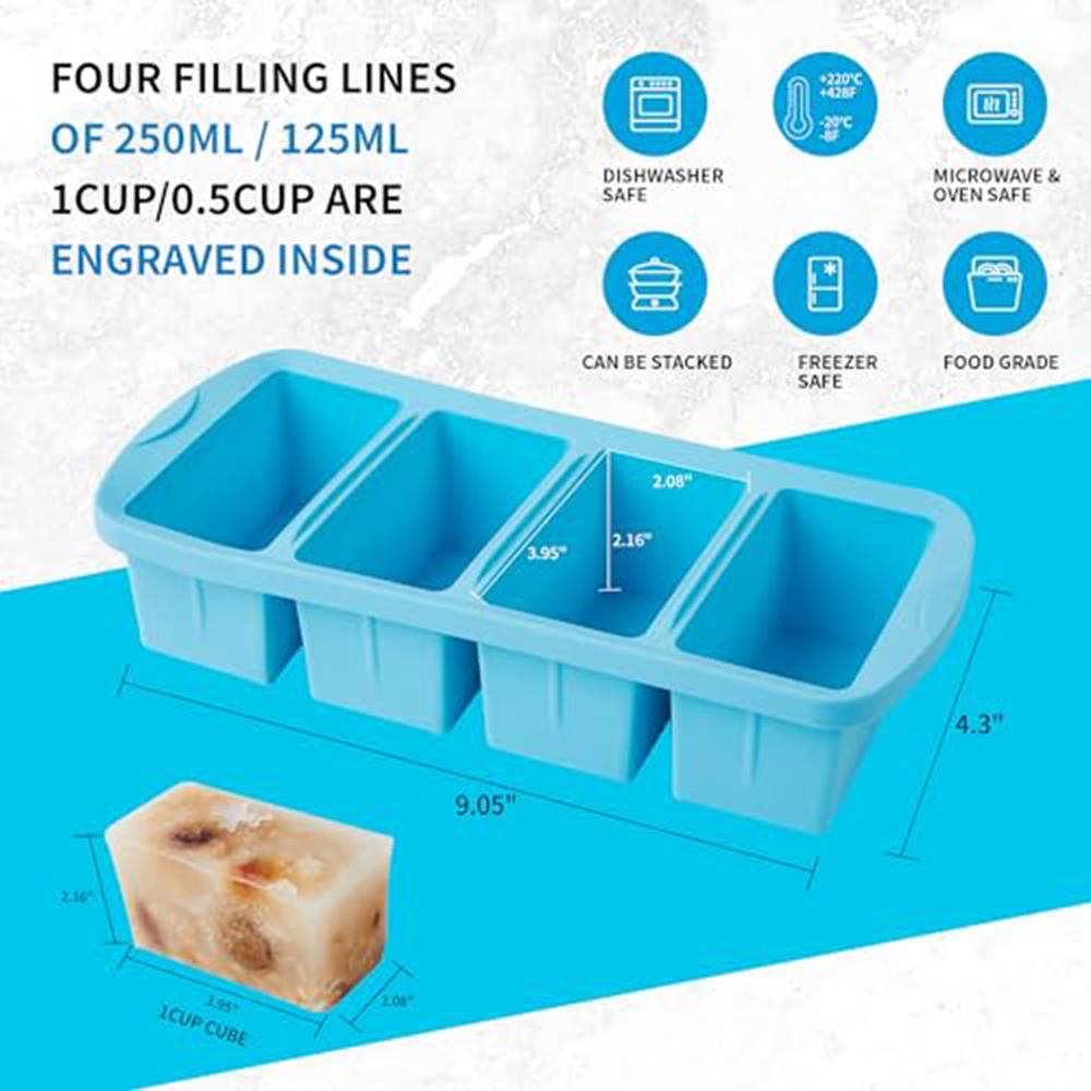 1 2 4 Cup Silicone Soup Freezer Container Lunch Storage Tray Cubes Moulds Set Microwave Safe with Lids
