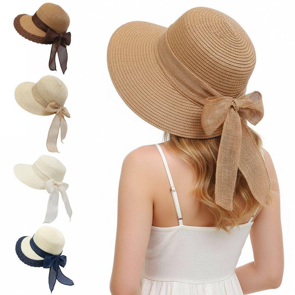 Fashion Wide Brim Summer Sun Hats Foldable UV Protection Straw Beach Hats Packable Bowknot Sunhat For Women