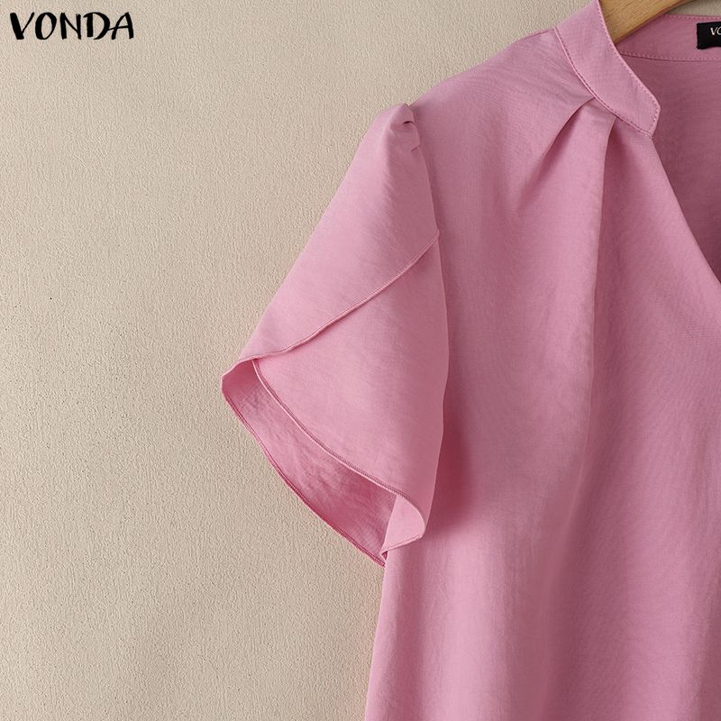 VONDA Summer Women V Neck Short Sleeve Solid Color Casual Blouse Tops