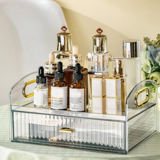 Desktop Cosmetic Storage Box with Drawer And Handle Transparent Two-tier Smooth Stable High Fence Lipstick Lotion Nail Polish Organizer Makeup Display
