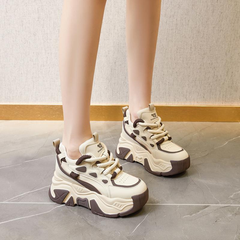 Leder Muffin Plateau Dad Schuhe Damen Herbst 2025 neu runde Zehenpartie Schnürschuhe Innenhöhe erhöhend Damenschuhe vielseitige Sportschuhe