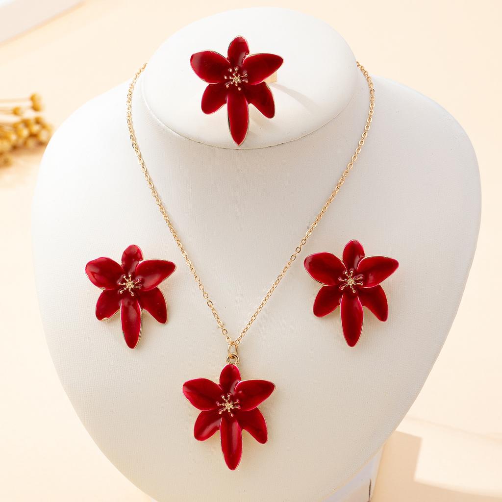 Set di Gioielli da Donna, Anello Fiore Rosso, Orecchini e Collana, Adatto per l'Uso Quotidiano e per le Vacanze