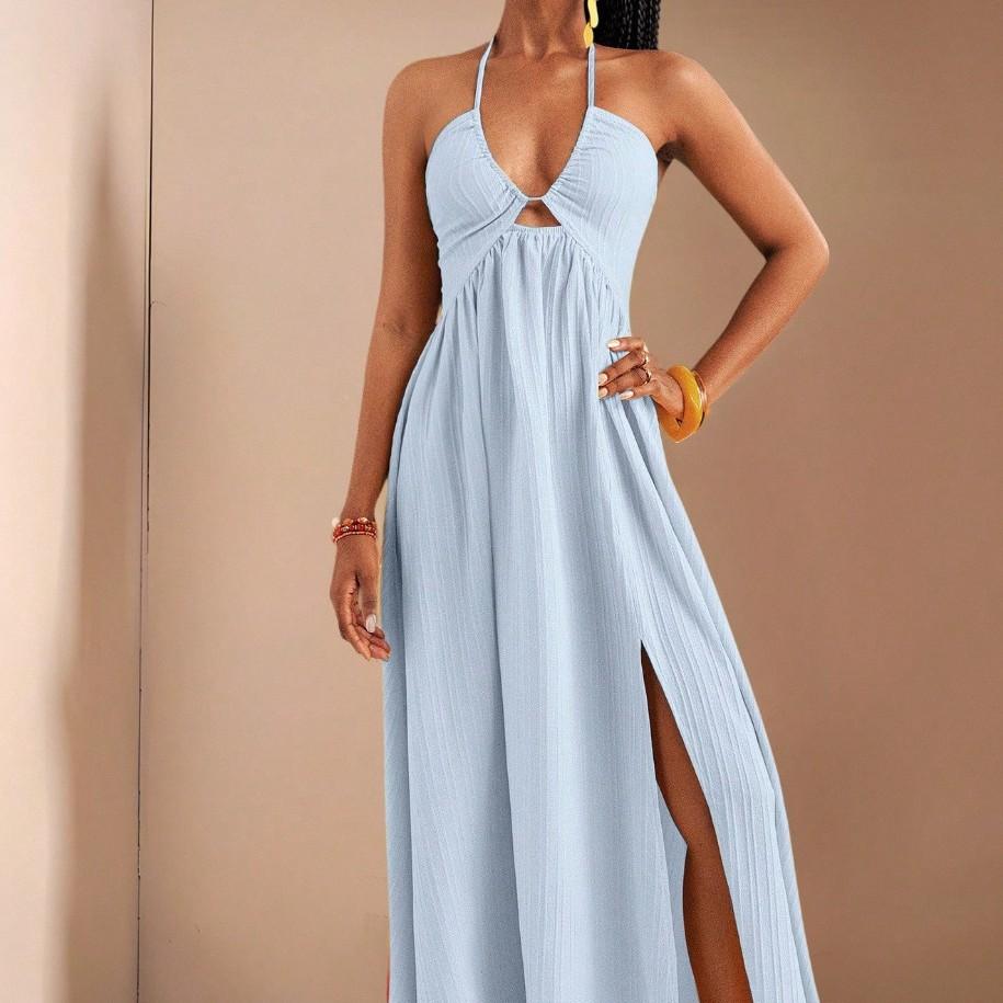 European and American Summer New Sexy V-neck Dress, Loose Holiday Style Split-ended Big Swing Dress for Women