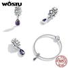 WOSTU 925 Silver Dreamy Purple Heart Charms Safety Chain Space Jewelry Beads Fit Original Bracelet DIY Bangle For Women