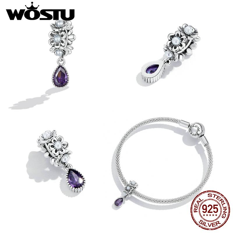 WOSTU 925 Silver Dreamy Purple Heart Charms Safety Chain Space Jewelry Beads Fit Original Bracelet DIY Bangle For Women