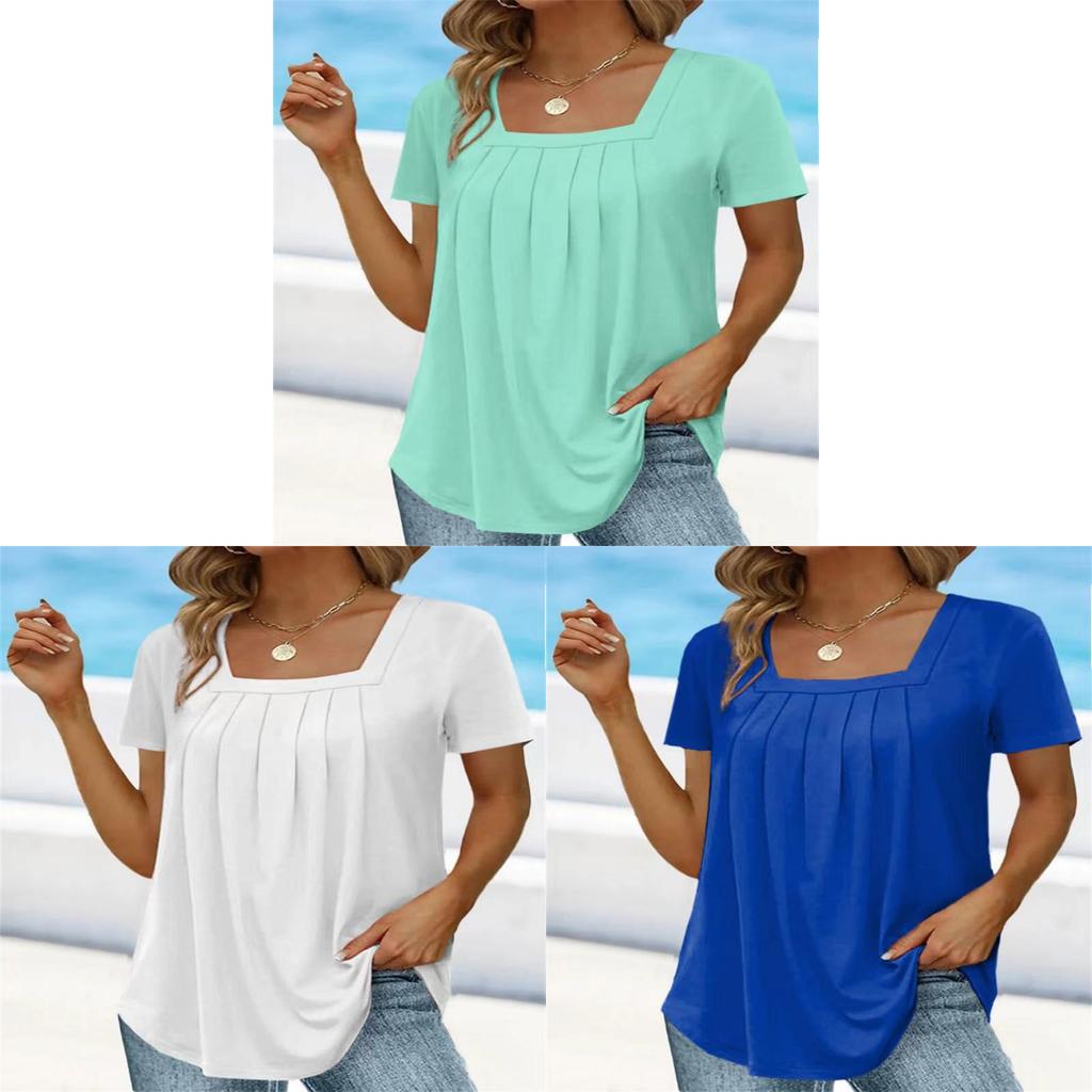 Summer Girl Style Pleated Square Neck T Shirt With Cotton Blend For Casual Wear