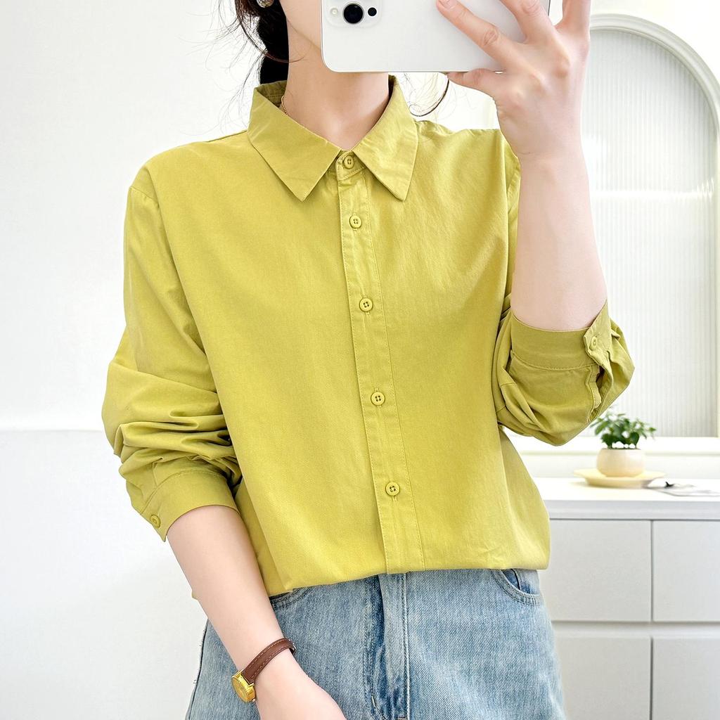 Women's Candy Color Long Sleeve Cotton Shirt - Minimalist, Versatile, and Slimming Design