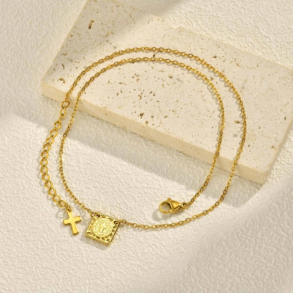 Jewelry 18K Gold Plated Stainless Steel St. Benedict Square Pendant Necklace Women'S Jewelry Nc-2570