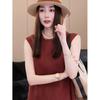 Wine Red Sleeveless Cotton and Linen Dress for Petite Women