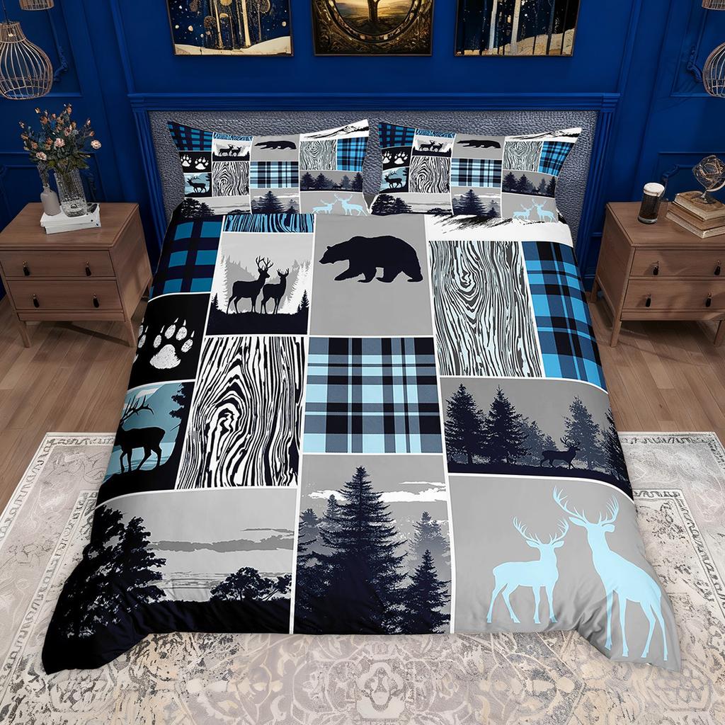 Homewish Rustic Lodge Cabin Duvet Cover Set Hunting Deer Bear Bed Set Retro Plaid Checkered Quilt Cover Set