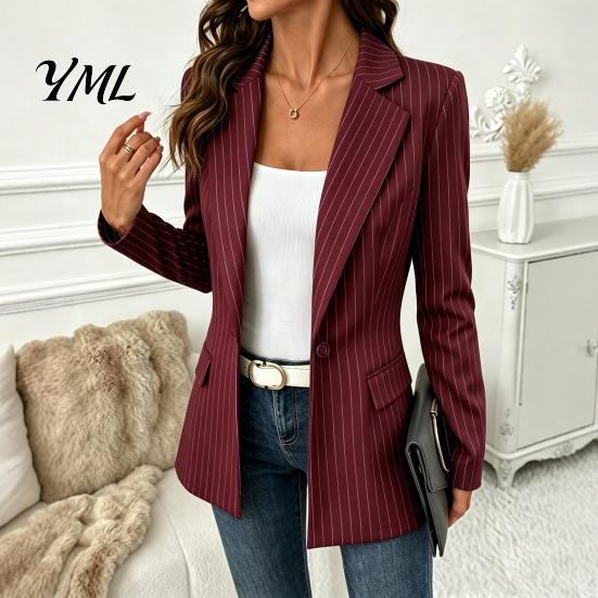 Lady Work Jacket Women Striped Blazer with One Button, Breathable Business Casual Outerwear Jacket, Long Sleeves Notch Lapel Collar Coat for Fall
