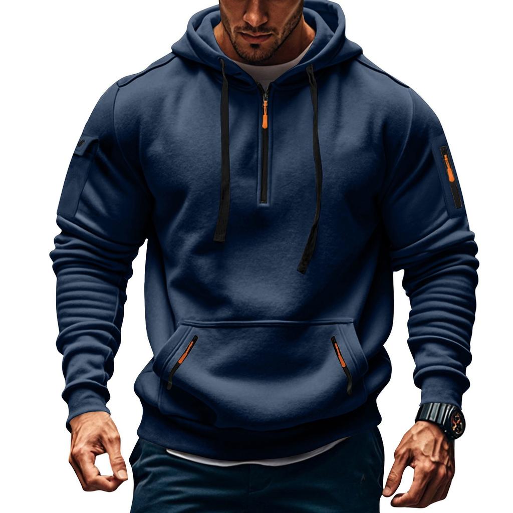 Men's Solid Color Half-Zip Hoodie Men's Sports Plus Size Casual Sweatshirt