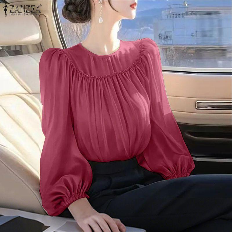 ZANZEA Women Round Neck Solid Color Long Sleeve Casual Blouse