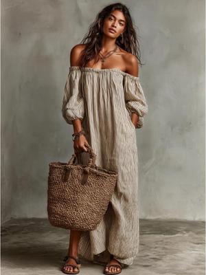 2026 Summer Elegant One-Shoulder Stripe Casual Dress