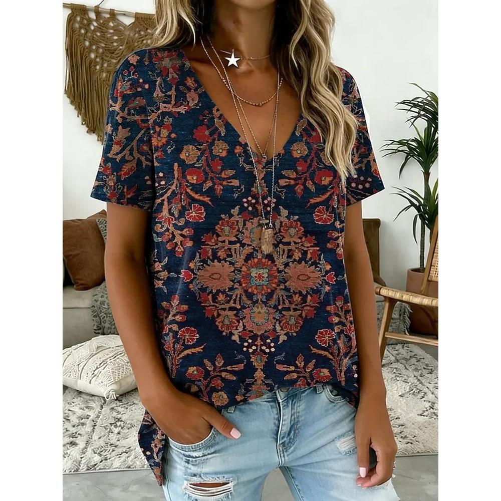 

Women s V Neck Short Sleeve Tops, Vintage Graphic Print, Classic Stylish Regular T Shirt for Daily Going Out Spring & Summer S