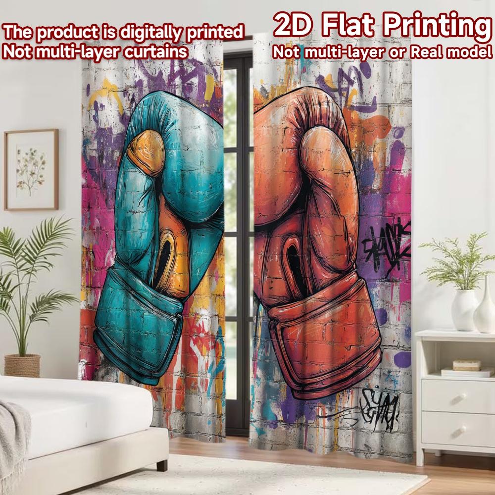 2D Flat Printing 2pcs Curtain Curtains Colorful Boxing Gloves Digital Printed Polyester Drapes Birthday Party Perfect for