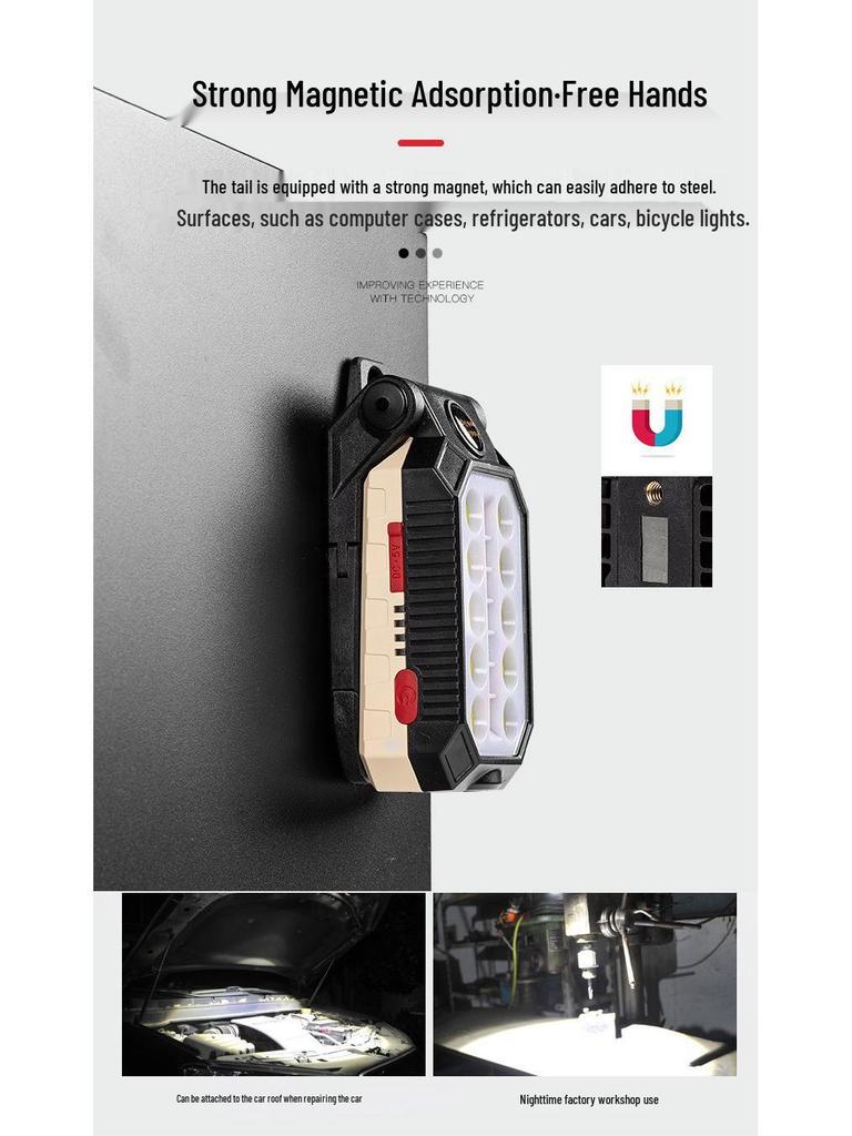 COB LED Handheld Work Light with USB Charging, Magnet Hook, and Emergency Flashlight for Outdoor and Auto Repair.