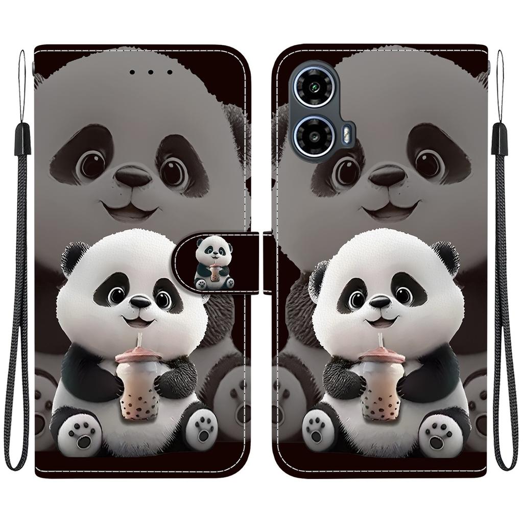 Handmade PU Leather Flip Case for Motorola Moto G34 Anti-Slip Shockproof Cover with Wrist Strap & Heart/Rose Cat Designs