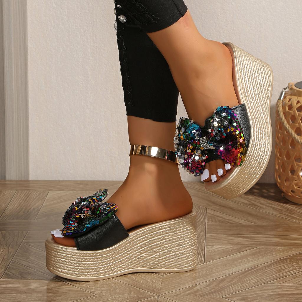 Aphixta 9cm Super High Wedge Slides Colorful Bling Butterfly Knot Outside Summer Slippers Light Women's Mules Big Size 43