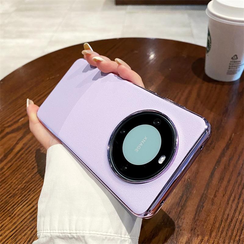Applicable To Huawei Mate60Pro + Electroplated Contrasting Color Plain Leather Mobile Phone Case Mate60 Metal Lens Ring Protective Case