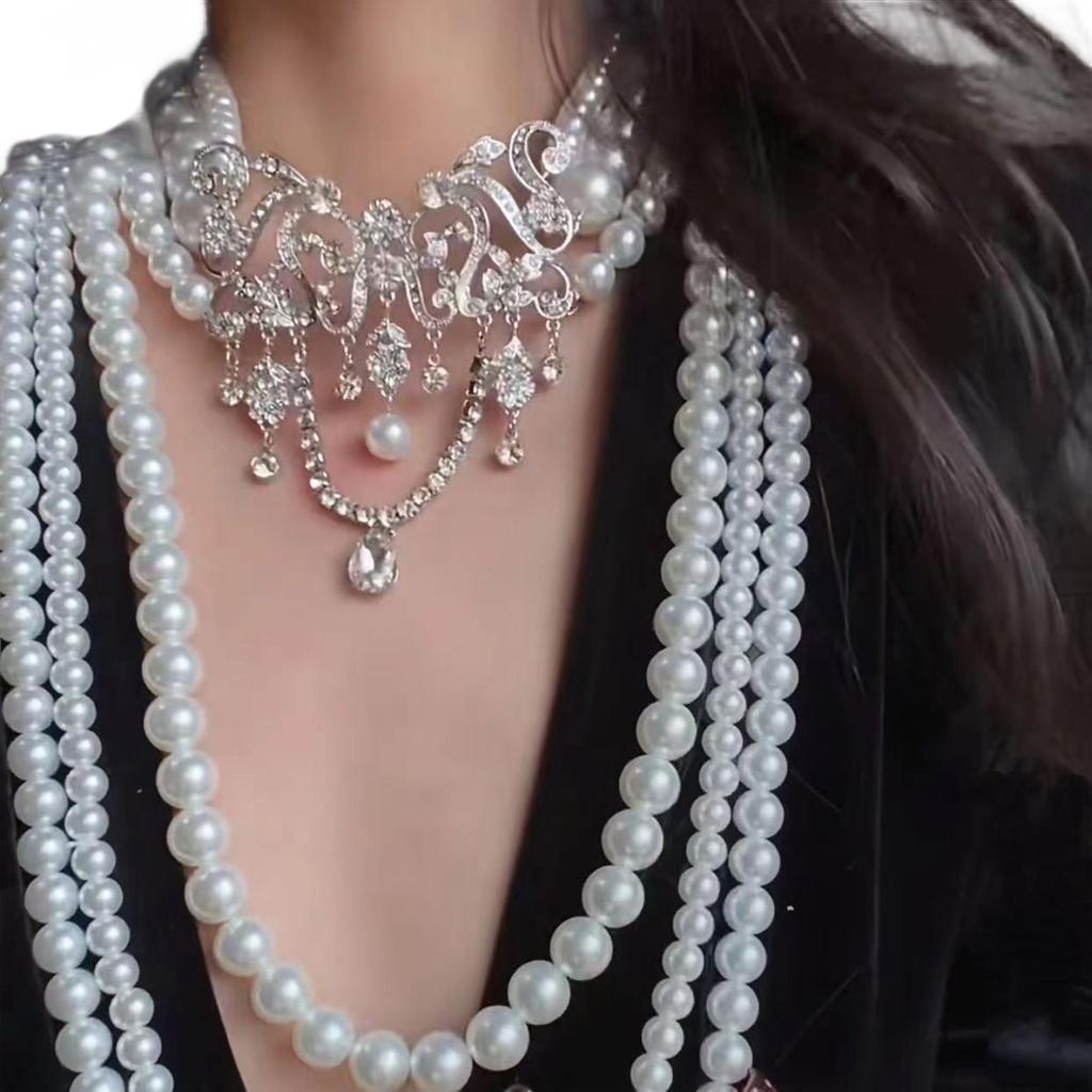 Multi Layer Simulated Pearls Necklace Adjustable Length Clavicle Chain Layering Neckchain Handmade Jewelry For Women