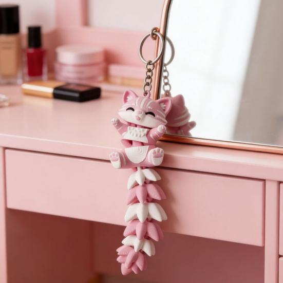 Keychain Pendant Cartoon Cat Charm Key Chain with Movable Tail Schoolbags Keys Pencil Cases Decompression Toy