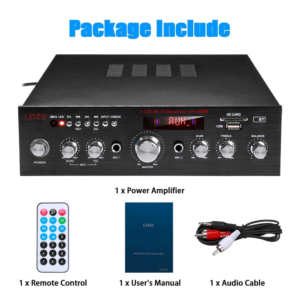 5CH Bluetooth Stereo Amplifier Hifi Audio Power Amp With Remote Control Support FM/USB Home Receiver Karaoke Car Music